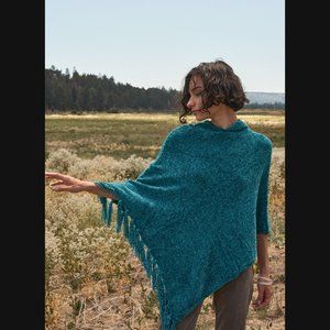 SOLD-Teal Blue Chenille Knit Tassel Fringe Hooded Poncho